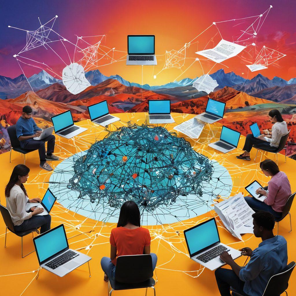A creative collage depicting a diverse group of people writing on laptops surrounded by floating digital essays and opinion snippets. In the background, a vibrant landscape of interconnected web networks symbolizing the digital narrative landscape. The color palette should evoke a sense of inspiration and connection, blending warm and cool tones. The scene embodies the journey from personal expressions to insightful discussions, showcasing various writing styles in an engaging manner. vibrant colors. super-realistic.