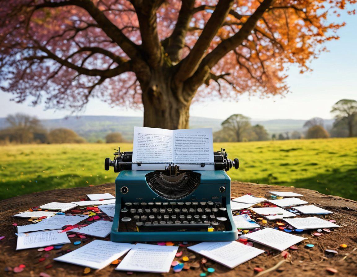 An open notebook with creative writing notes spilling out, surrounded by a colorful array of typewriter keys and literary quotes swirling in the air. A diverse group of people, each with unique styles, are engaged in writing on laptops under a tree, representing various perspectives. The background features a dreamy landscape, symbolizing the vastness of creativity. super-realistic. vibrant colors. soft natural light.