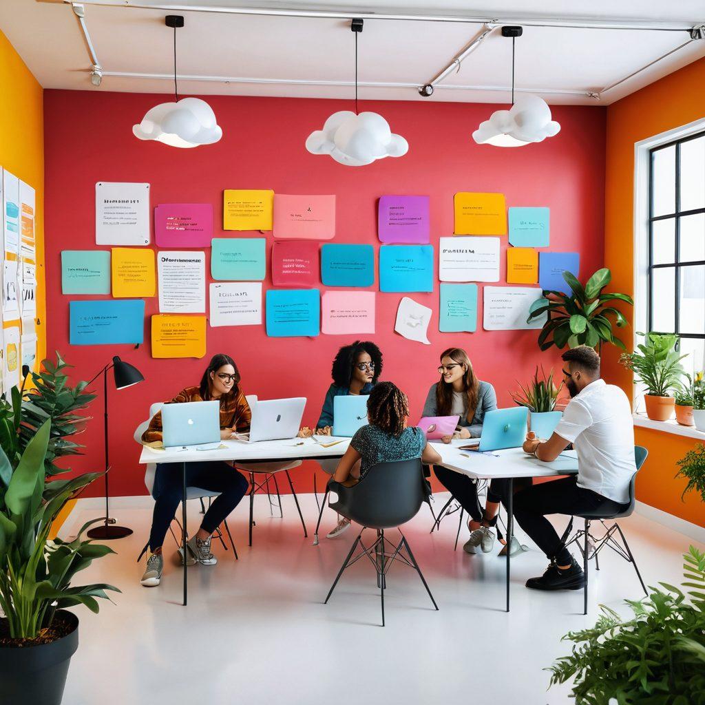 An interactive digital scene depicting a lively web publishing workshop with diverse creatives engaged in dialogue, exchanging feedback over colorful laptops and notes. Incorporate speech bubbles displaying snippets of positive critique and ideas in a vibrant, modern workspace setting filled with plants and art supplies, symbolizing growth and creativity. The atmosphere should feel collaborative and inspiring. bright colors. 3D rendering.